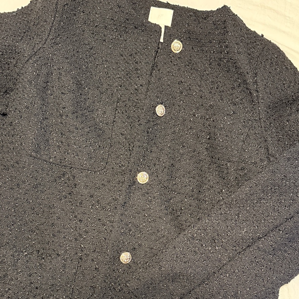 Chic Black Textured Jacket with Gold Buttons